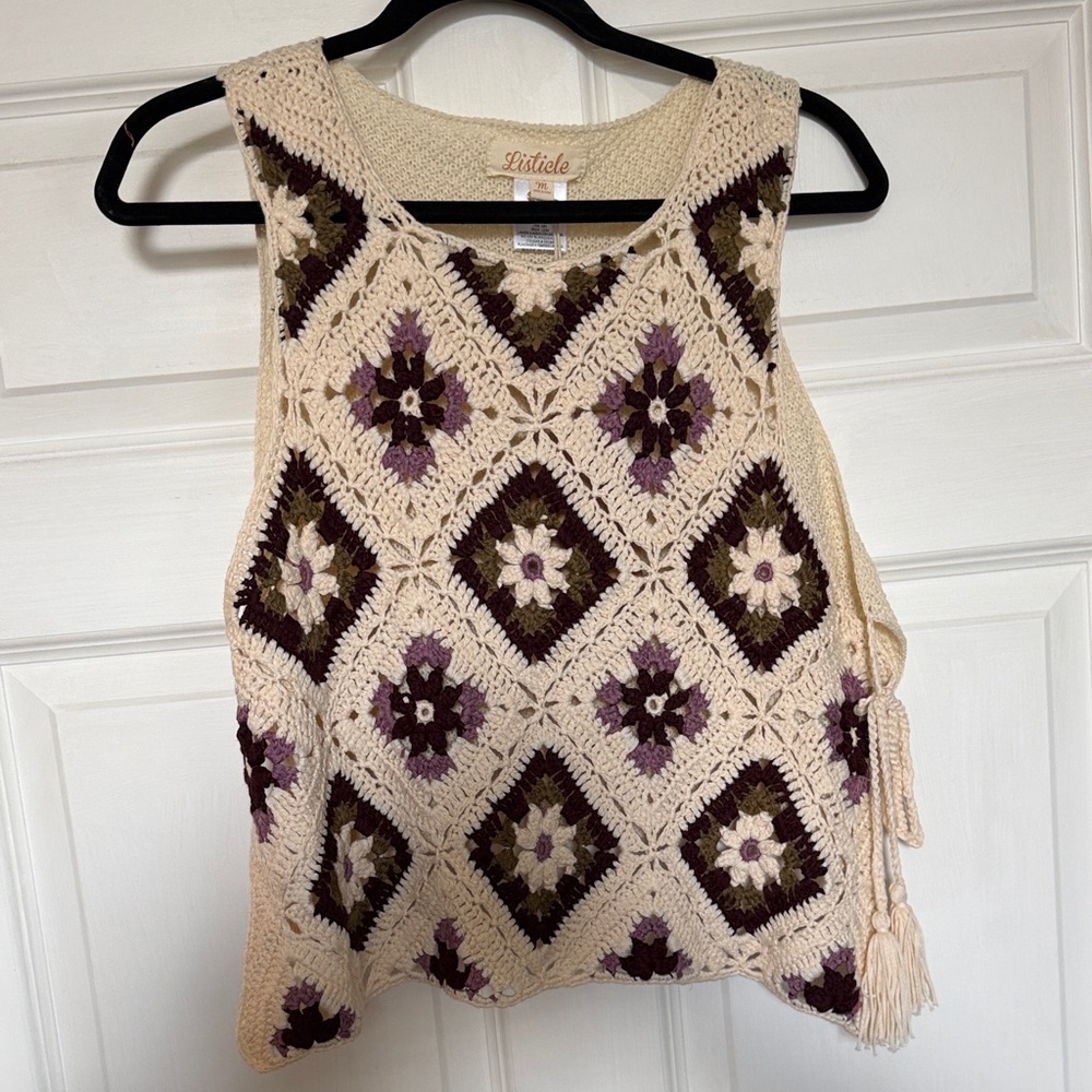 Listicle Cream Crochet Tank with Purple & Brown Floral Diamonds